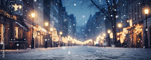 Beautiful blurred street of festive night or evening city with snowfall and Christmas lights. Abstract christmas defocused background, Generative AI