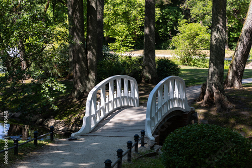 Fototapeta Naklejka Na Ścianę i Meble -  A little romantic bridge in a city park made of wood, painted in white. Park in natural light, on a sunny summer day.