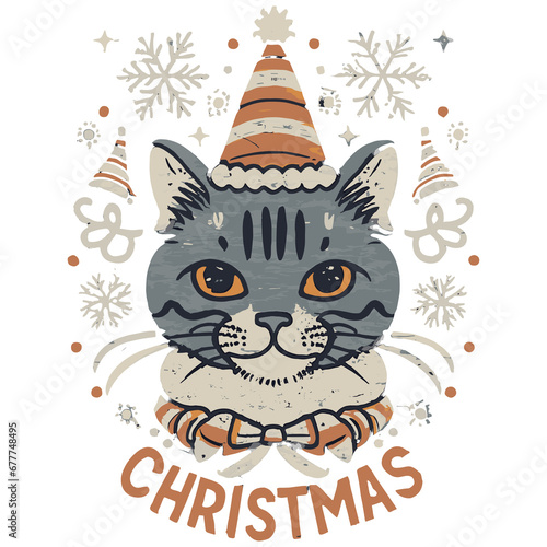 Happy Christmas cute cat with sunglass style T-Shirt design logo illustration art PNG background. generative ai