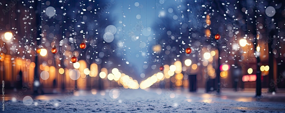 Beautiful blurred street of festive night or evening city with snowfall and Christmas lights. Abstract christmas defocused background, Generative AI Beautiful blurred street of festive night or evening city with snowfall and Christmas lights. Abstract christmas defocused background, Generative AI