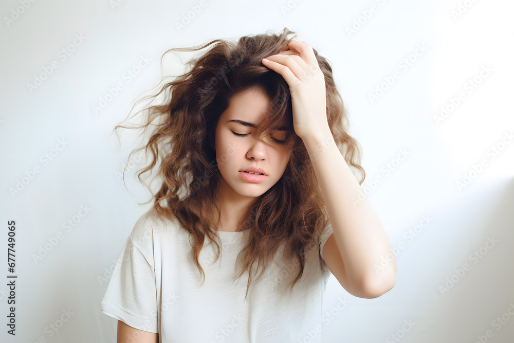 Young woman holding her head in pain isolated on white background. Migraine Young woman holding her head in pain isolated on white background. Migraine
