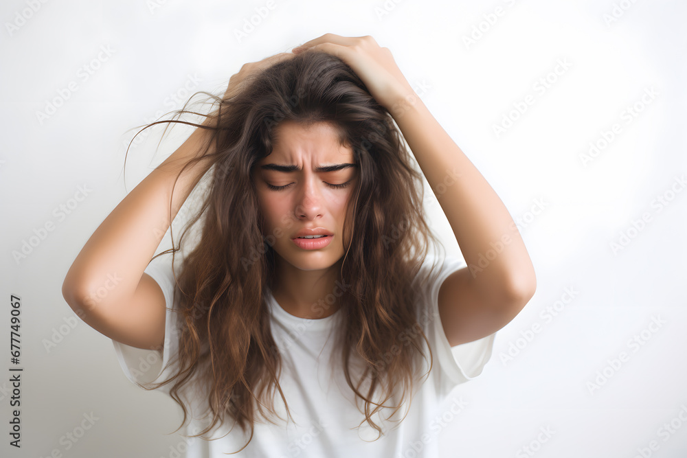 Young woman holding her head in pain isolated on white background. Migraine Young woman holding her head in pain isolated on white background. Migraine