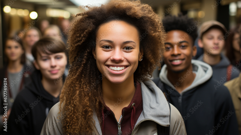Obraz premium Interracial group of high school students in the school hallway. Happy smiling teenagers. Students looking at the camera. Concept of education, adolescence, growth, friends, friendship.