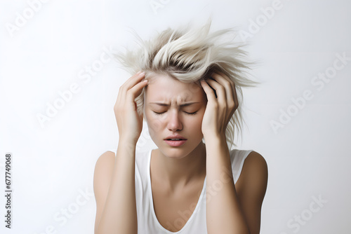 Young woman holding her head in pain isolated on white background. Migraine 