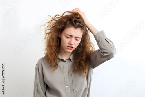 Young woman holding her head in pain isolated on white background. Migraine 