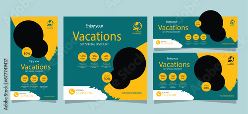 travel social media post web banner set, flyer or poster for travelling agency business offer promotion. Holiday and tour advertisement banner design templates (ID: 677749417)