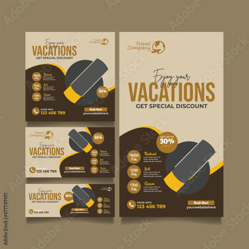 travel social media post web banner set, flyer or poster for travelling agency business offer promotion. Holiday and tour advertisement banner design templates (ID: 677749481)