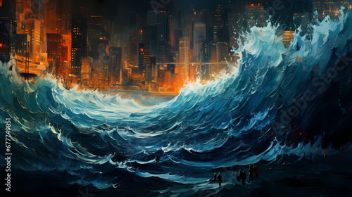 Data flood is like a tide sweeping the city abstract poster web page PPT background, digital technology background, digital technology background