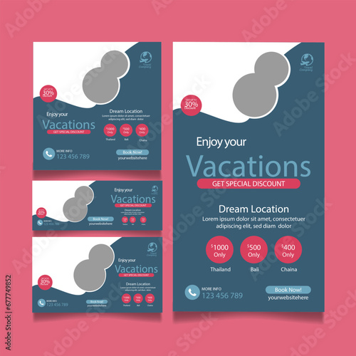travel social media post web banner set, flyer or poster for travelling agency business offer promotion. Holiday and tour advertisement banner design templates (ID: 677749852)