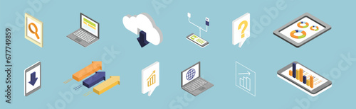 Business Infographics Element Design with Chart, Cloud Storage and Electronic Device Isometric Vector Set