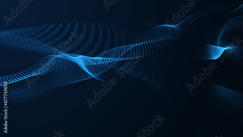 Abstract blue color wave with flowing small particles motion on wave and light abstract background. Technology background.