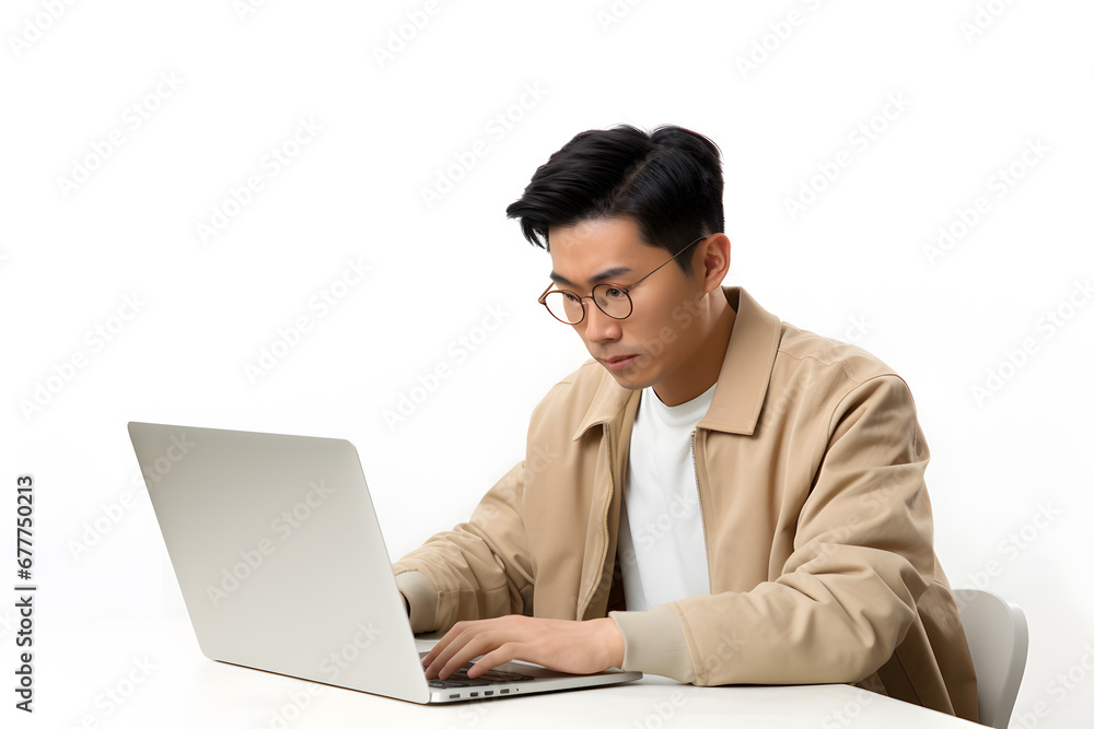 Young man looking at laptop screen isolated on white background Young man looking at laptop screen isolated on white background