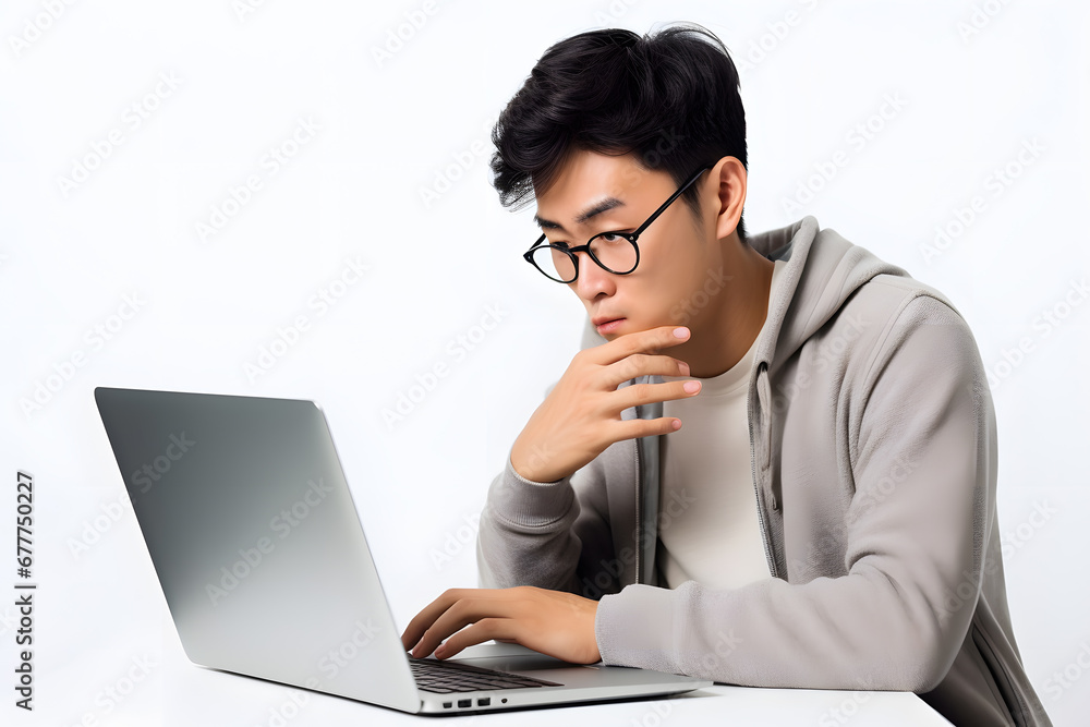 Young man looking at laptop screen isolated on white background Young man looking at laptop screen isolated on white background