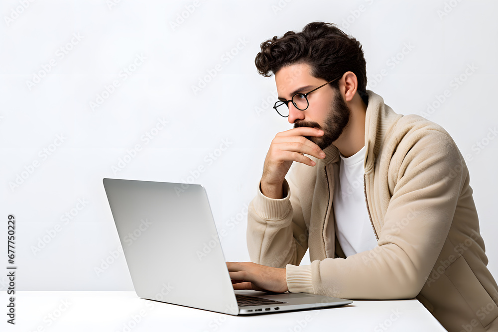 Young man looking at laptop screen isolated on white background Young man looking at laptop screen isolated on white background