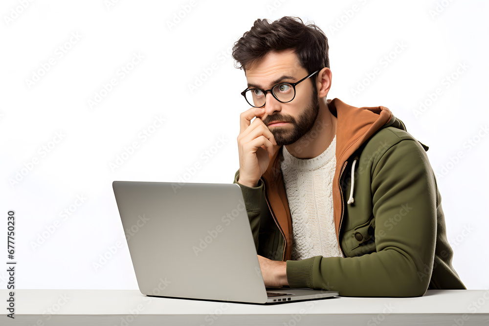 Young man looking at laptop screen isolated on white background Young man looking at laptop screen isolated on white background