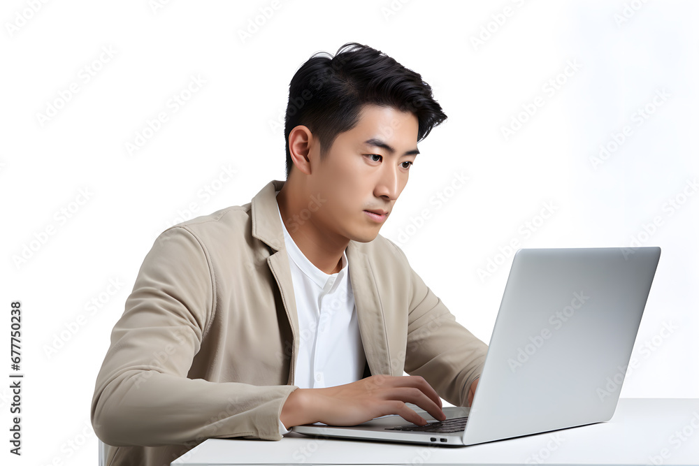 Young man looking at laptop screen isolated on white background Young man looking at laptop screen isolated on white background