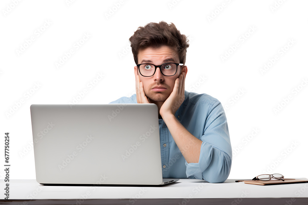 Young man looking at laptop screen isolated on white background Young man looking at laptop screen isolated on white background