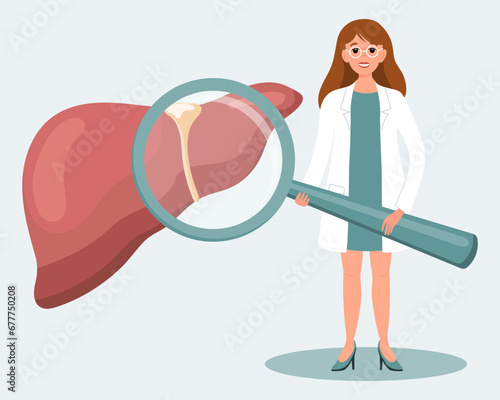 Female doctor with magnifying glass and human liver. Medical diagnosis of the human digestive system, healthcare concept. Illustration, vector