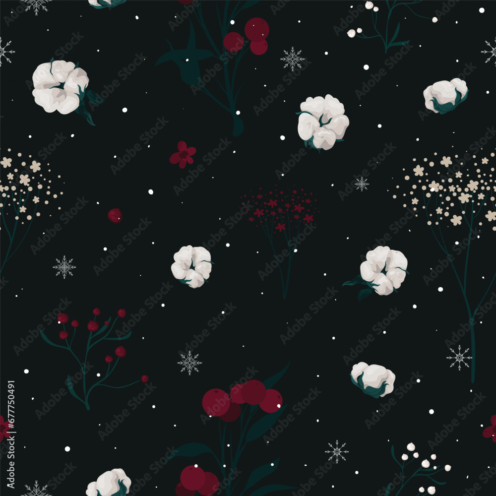 Seamless Christmas floral pattern with snowflakes Seamless Christmas floral pattern with snowflakes