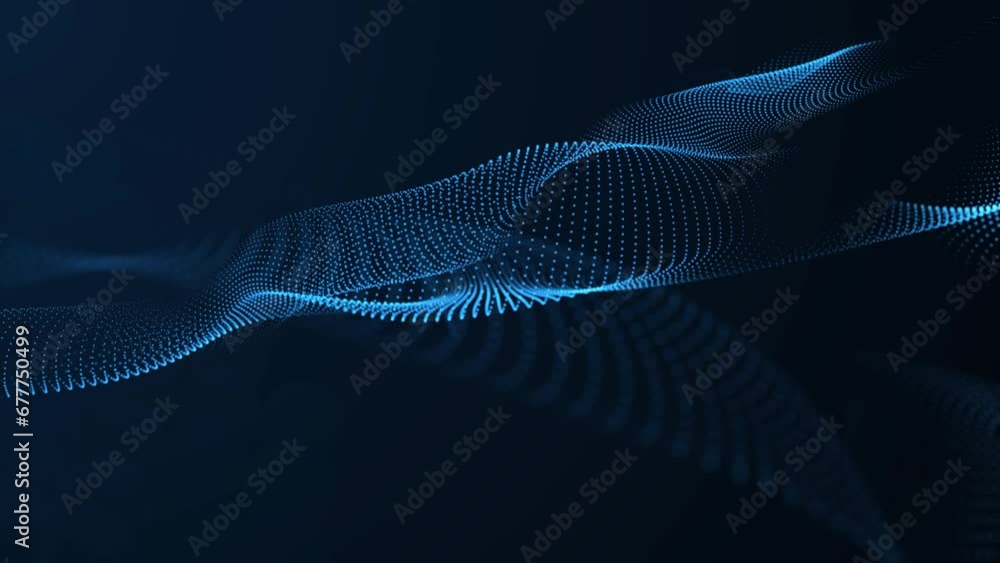 Abstract blue color wave with flowing small particles motion on wave and light abstract background. Technology background.