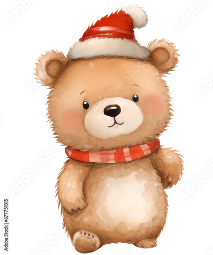 Watercolor Christmas bear Santa.