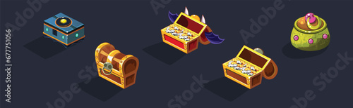 Colorful Treasure Chest Full with Riches Isometric Vector Set