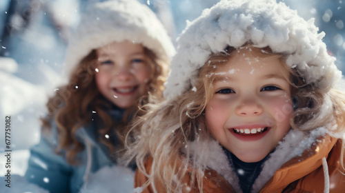 Portrait of two cute little girls having fun in winter park.