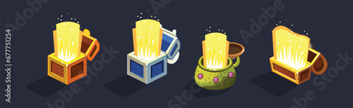 Colorful Treasure Chest with Golden Glow Isometric Vector Set