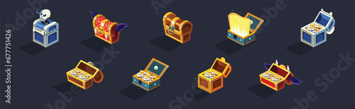 Colorful Treasure Chest with Golden Glow Isometric Vector Set