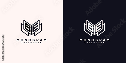 Initials letter BE with book line art education logo symbol vector illustration