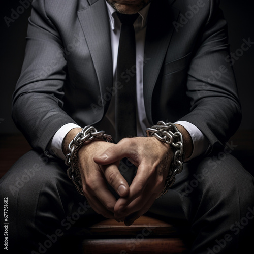 Hands are shackled with strong iron chains. A man in an expensive suit. Arrested businessman. are shackled with strong iron chains. 