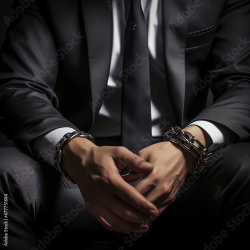 Hands are shackled with strong iron chains. A man in an expensive suit. Arrested businessman. are shackled with strong iron chains.  © LUKIN IGOR 