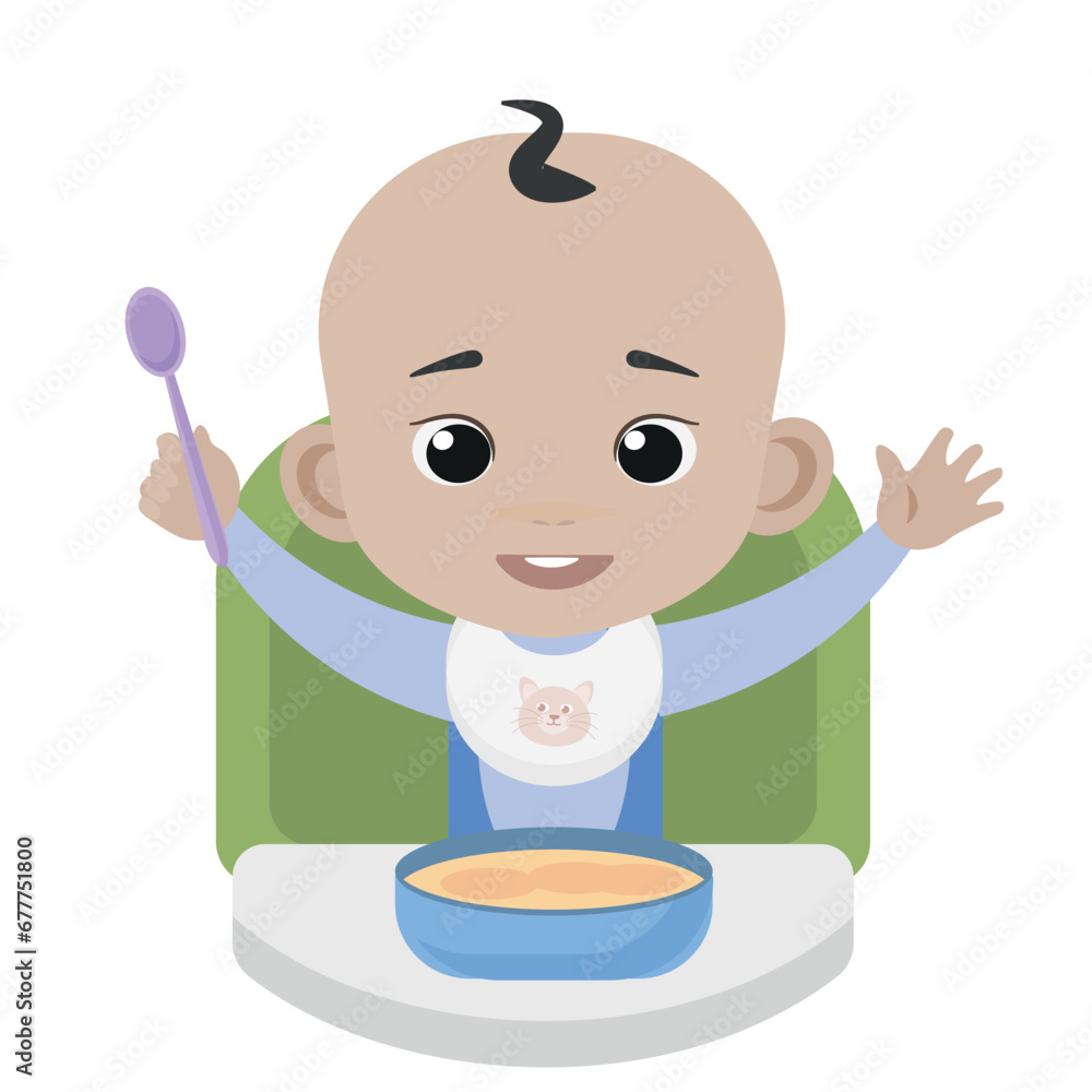 Baby is eating. Infant. Dark eyes, caucasian. Vector flat illustration. Cartoon people design. Suitable for animation, using in web, apps, books, education projects Baby is eating. Infant. Dark eyes, caucasian. Vector flat illustration. Cartoon people design. Suitable for animation, using in web, apps, books, education projects