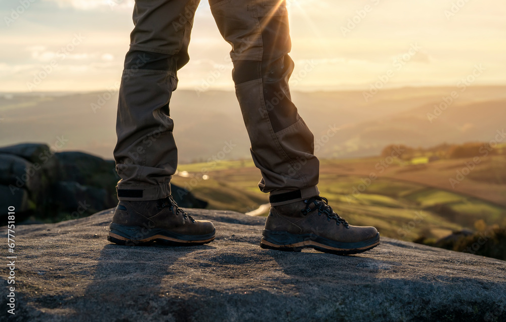 man in special boots walking in the mountains reaching the destination and on the top of mountain in Peak District at sunset on autumn day Travel Lifestyle concept man in special boots walking in the mountains reaching the destination and on the top of mountain in Peak District at sunset on autumn day Travel Lifestyle concept