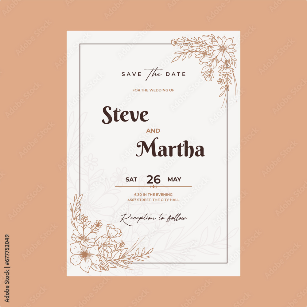 Floral wedding invitation card with hand drawn outline botanical frame