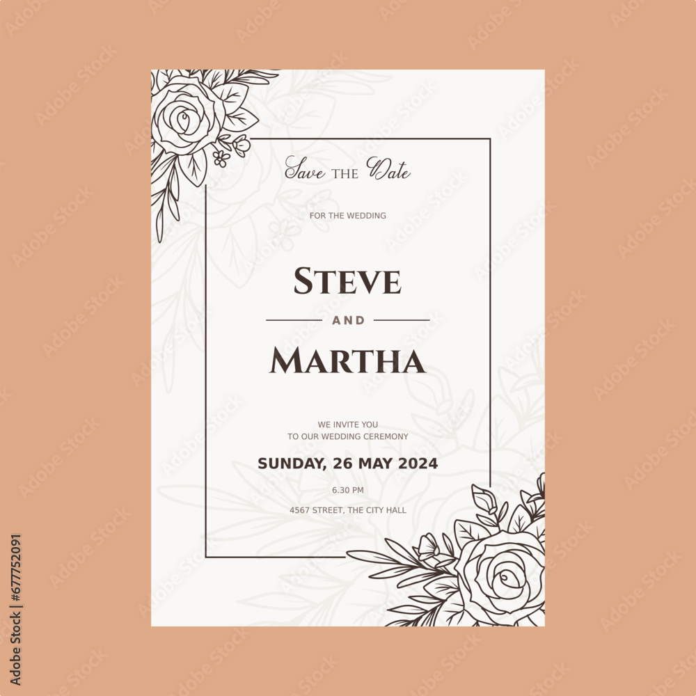 Floral wedding invitation card with hand drawn outline botanical frame