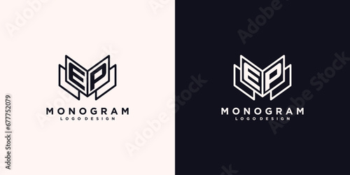 Initials letter EP with book line art education logo symbol vector illustration