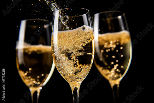 Glasses of sparkling champagne against a black background ready for a celebration