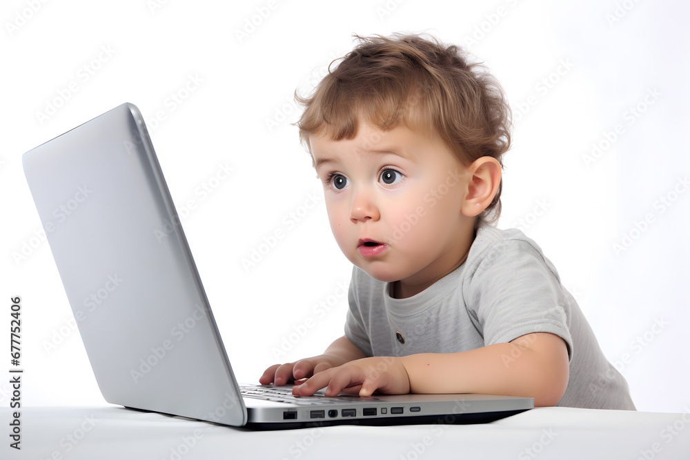 Small kid boy looking at laptop screen isolated on white background Small kid boy looking at laptop screen isolated on white background