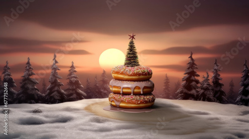 Christmas background.giant donuts with frosting in the winter forest. sweet world on christmas eve