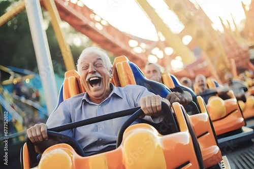 Portrait old men playing Roller Coaster at amusement park photo