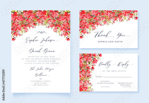 Vintage Watercolor Wedding invitation, rsvp and thank you cards set with red roses flowers. Vector template.