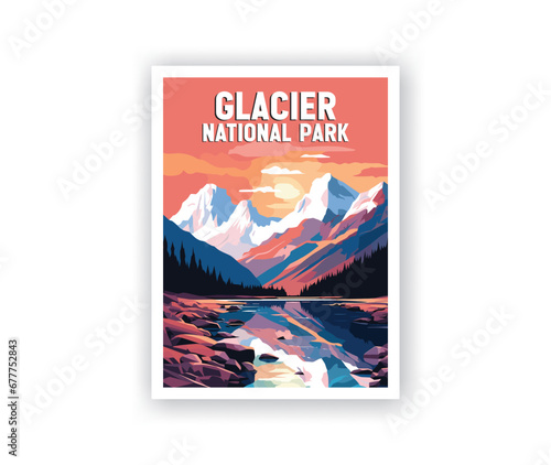 Glacier, National Park Illustration Art. Travel Poster Wall Art. Minimalist Vector art. Vector Style. Template of Illustration Graphic Modern Poster for art prints or banner design.