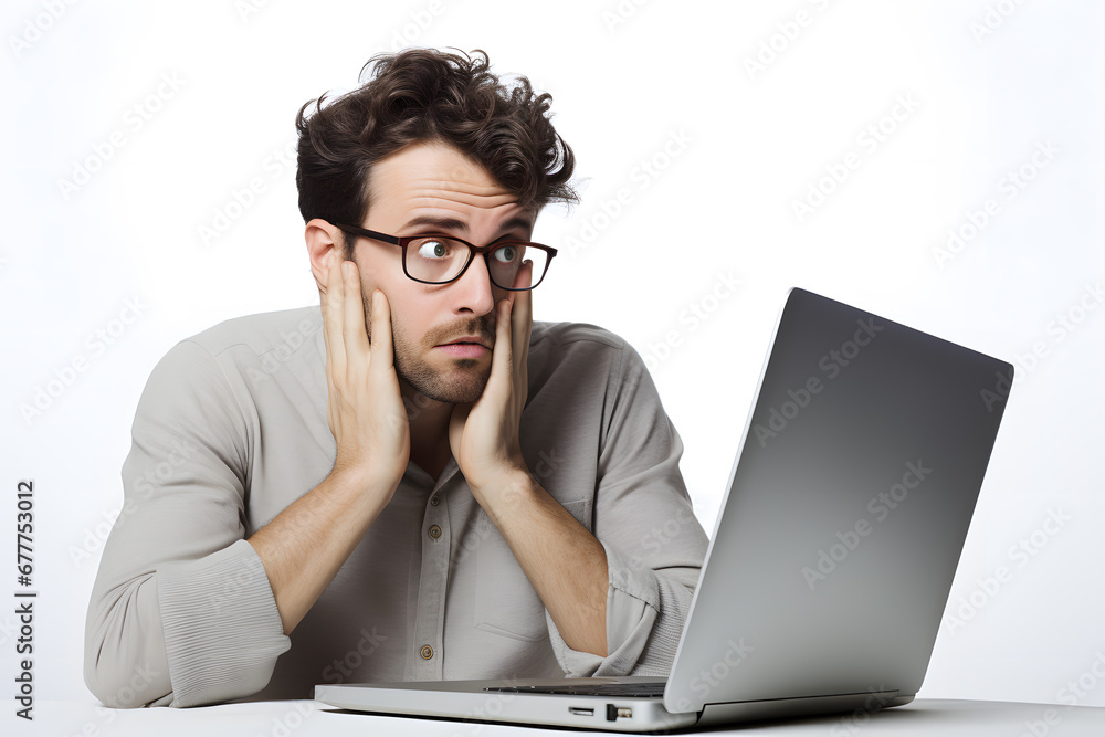 Young man thinking sitting with laptop isolated on white background. Idea solution Young man thinking sitting with laptop isolated on white background. Idea solution