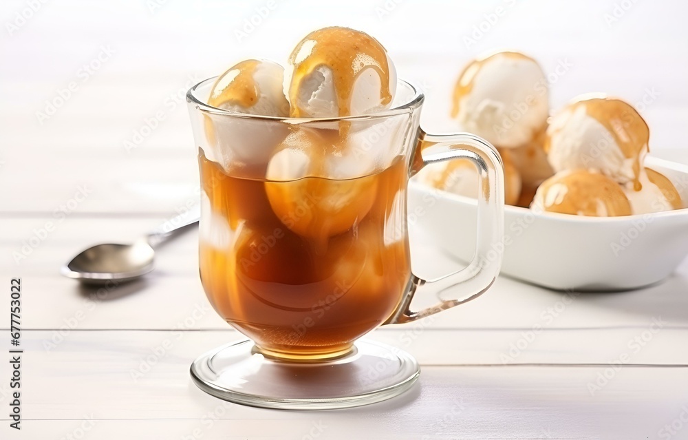 Tasty ice cream with caramel sauce in transparent mug on white wooden table for sweet dessert food card design Tasty ice cream with caramel sauce in transparent mug on white wooden table for sweet dessert food card design