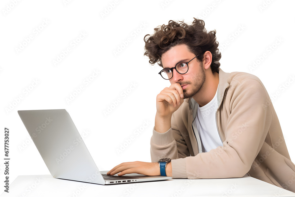 Young man thinking sitting with laptop isolated on white background. Idea solution Young man thinking sitting with laptop isolated on white background. Idea solution