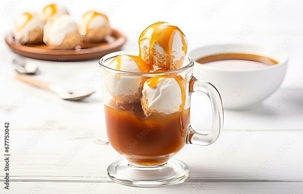Tasty ice cream with caramel sauce in transparent mug on white wooden table for sweet dessert food card design