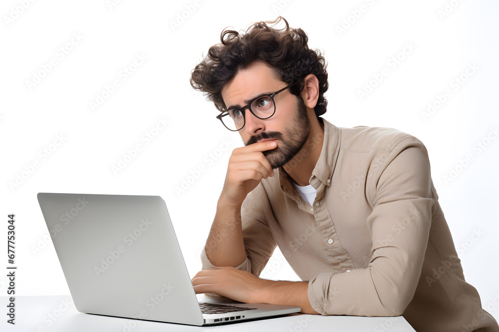 Young man thinking sitting with laptop isolated on white background. Idea solution Young man thinking sitting with laptop isolated on white background. Idea solution