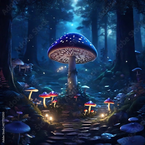 Magical Mushrooms in a dark mystery forest , Mushroom neon illustration in dark background. Generated By AI.