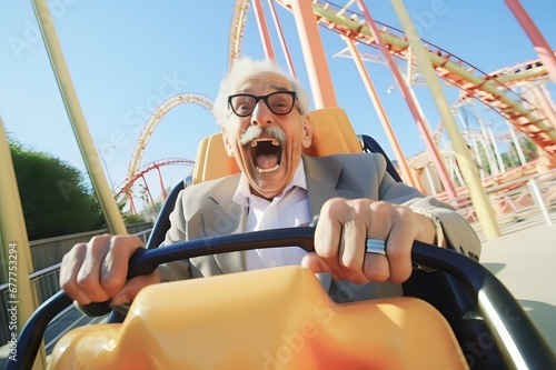 Portrait old men playing Roller Coaster at amusement park